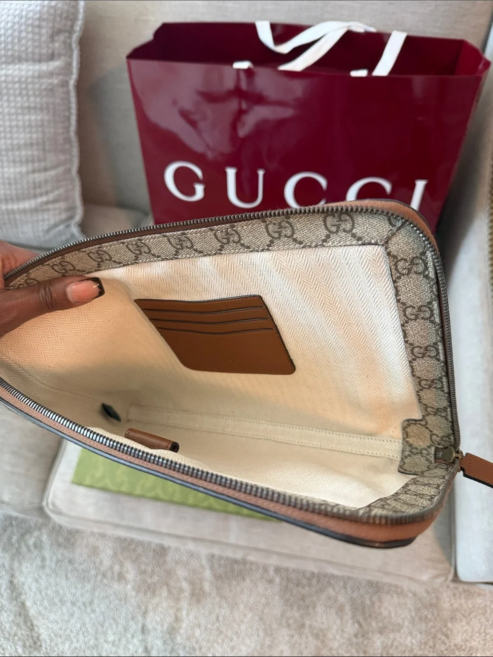 Gucci Beige GG Supreme Canvas Crossbody with Brown Leather Trim